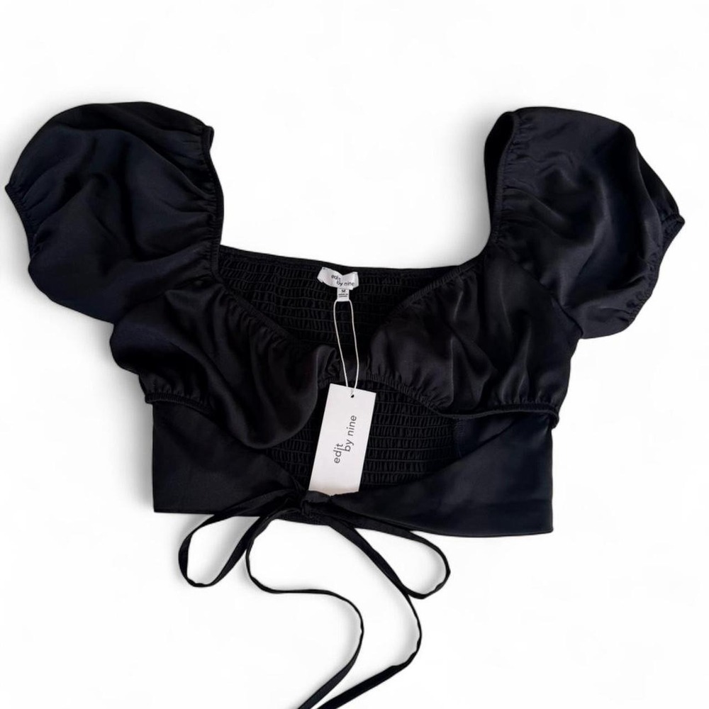 Edit by Nine Black Satin Puff Sleeve Tie Front Smocked Crop Top Womens Medium